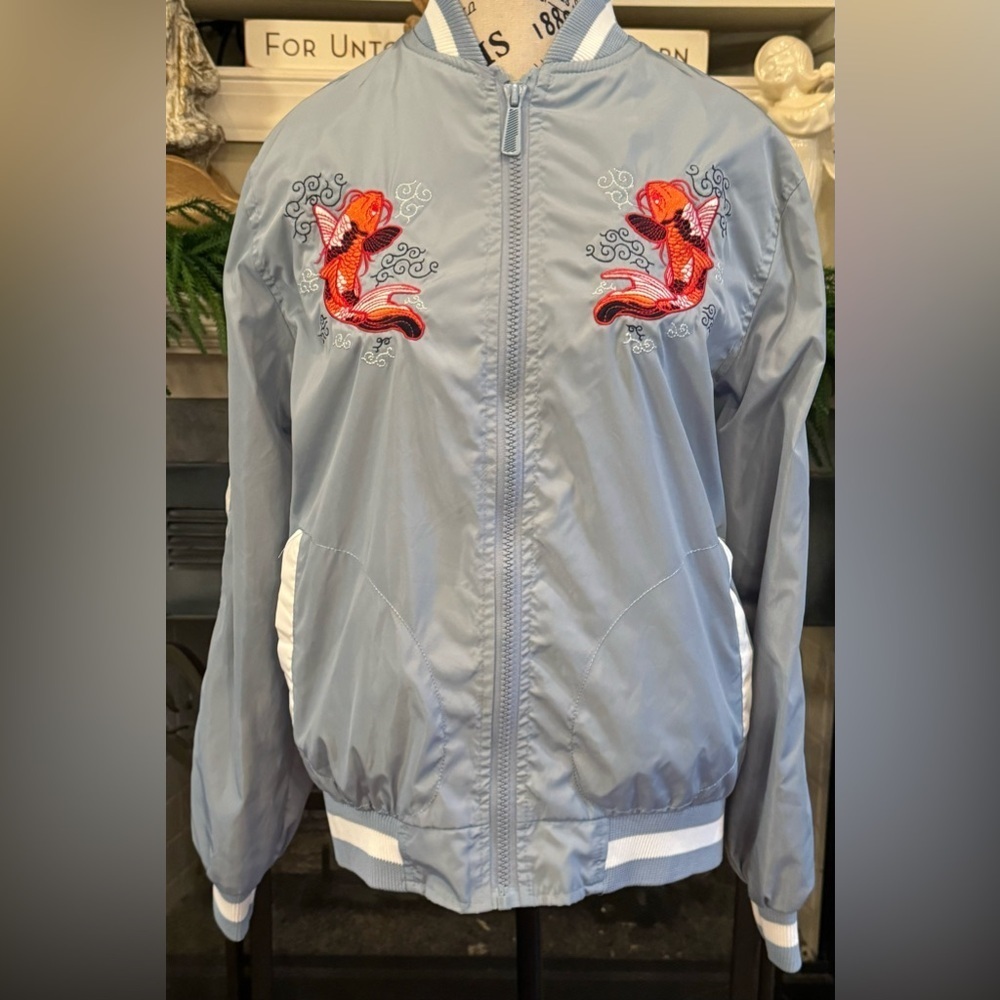 Soul Star Orange Embroidered Koi Fish Satin Bomber Jacket Mens Medium Light Blue